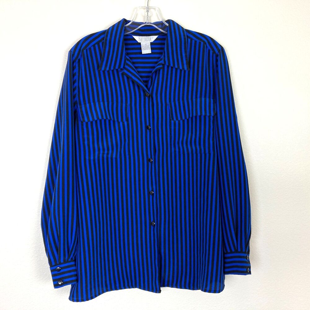 Sellecca Women's Button Up Blouse Size 10 Blue Black Pockets Office Business